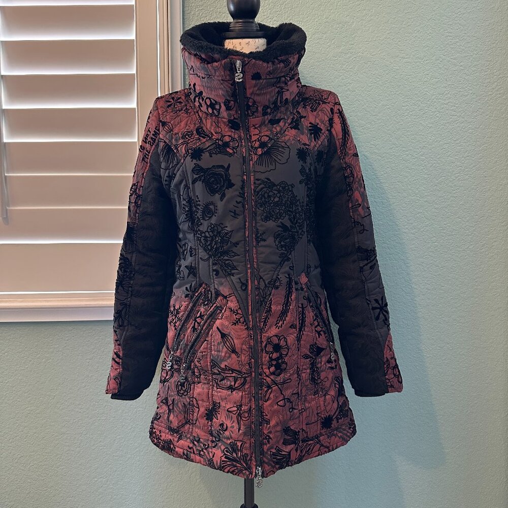 Desigual Flocked Velvet Puffer Jacket 38 Black and Burgandy / Small to Medium